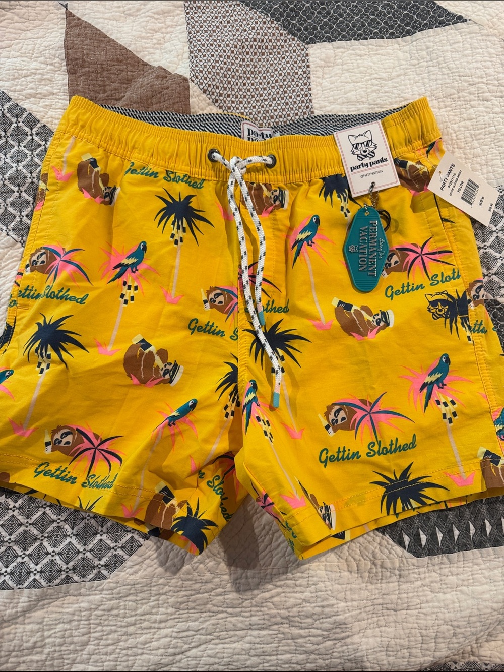 NWT Men’s Yellow Tropical Print Sloth Swim Shorts